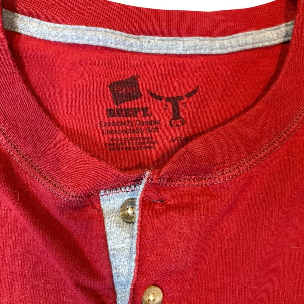HANES Beefy-T Men's Long Sleeve Henley Size LARGE Burnt Brick Red Heritage Cabin - Picture 2 of 8